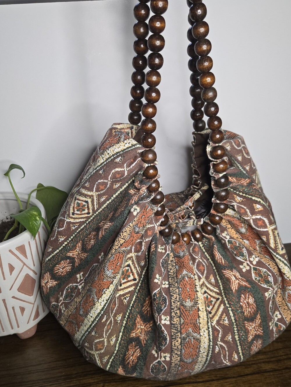 Boho Beaded Handle Hobo Bag in Brown & Rust
